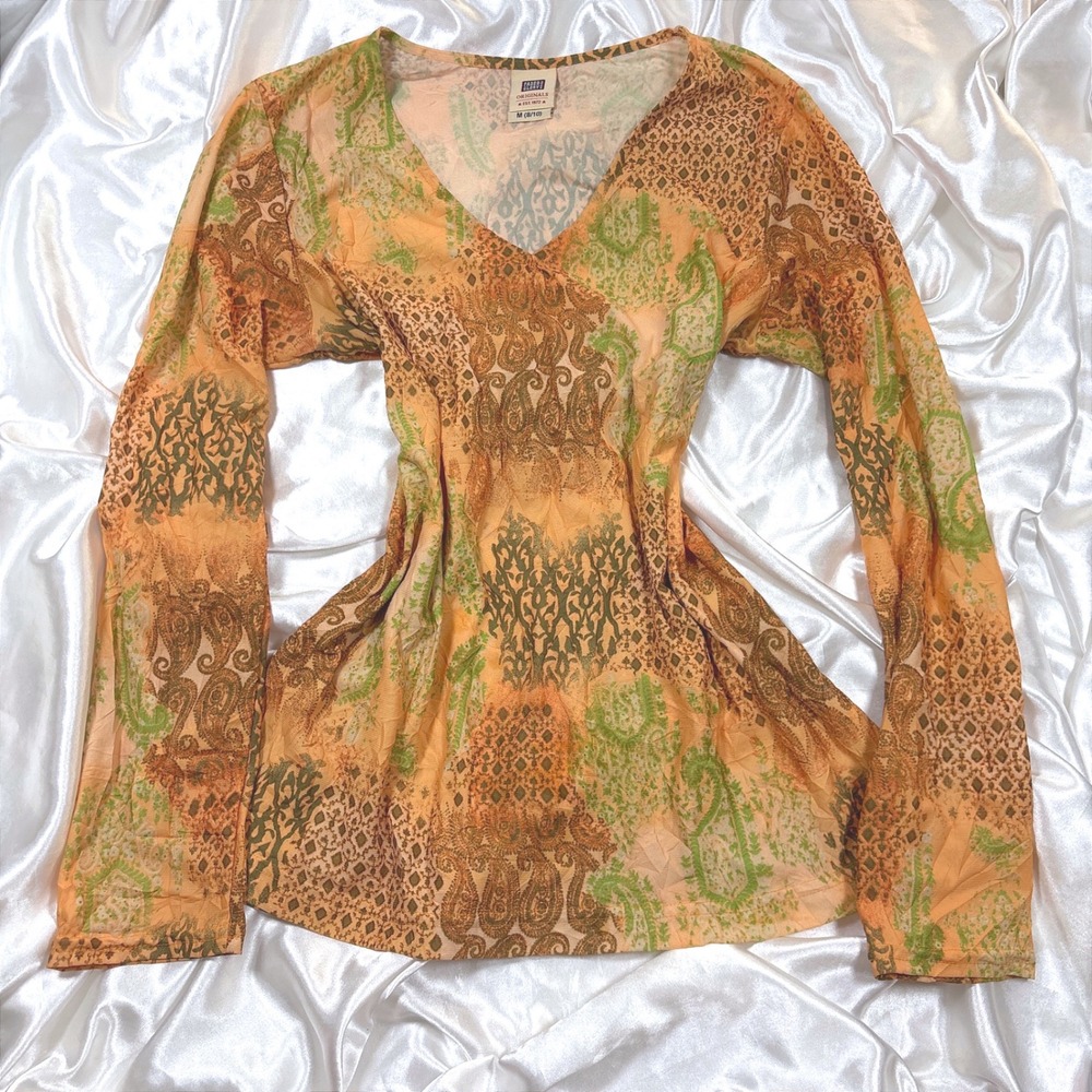 y2k Top Orange Excellent Faded Glory Paisley Patchwork V-Neck Long Sleeve Shirt